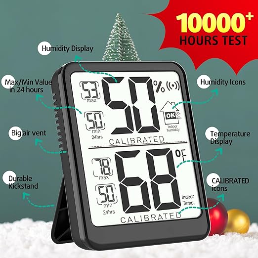 Antonki 2-Pack Room Thermometer, Digital Small Hygrometer Indoor Thermometer Humidity Gauge, Temperature Humidity Meter with Max/Min Record Monitor Sensor for Home, Plants - Battery Included
