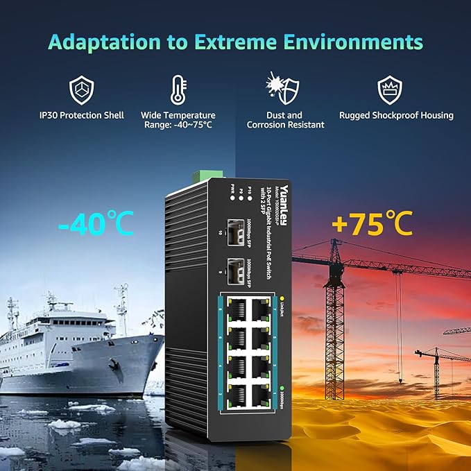 YuanLey 10 Port Industrial Switch with 8 Port PoE Gigabit & 2X SFP Port, Unmanaged PoE Switch with 120W Power Adapter, IEEE802.3af/at, VLAN & RSTP, Din-Rail PoE Switch for IP Camera, VoIP Phones,AP