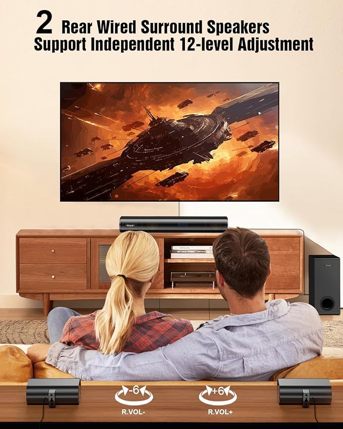 Hiwill 5.1ch Dolby Atmos Soundbar with 5.25'' Subwoofer, Clear Voice, Surround Sound System w/2 Wired Rear Speakers, 380W Peak Power Bluetooth PC Sound Bar for TV, eARC/ARC/Opt, 2025