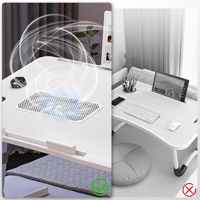 Laptop Lap Desk with Cooling Fan - Adjustable with Light, USB, Storage Drawer - Folding Bed Desk,22.04"*12.59",White