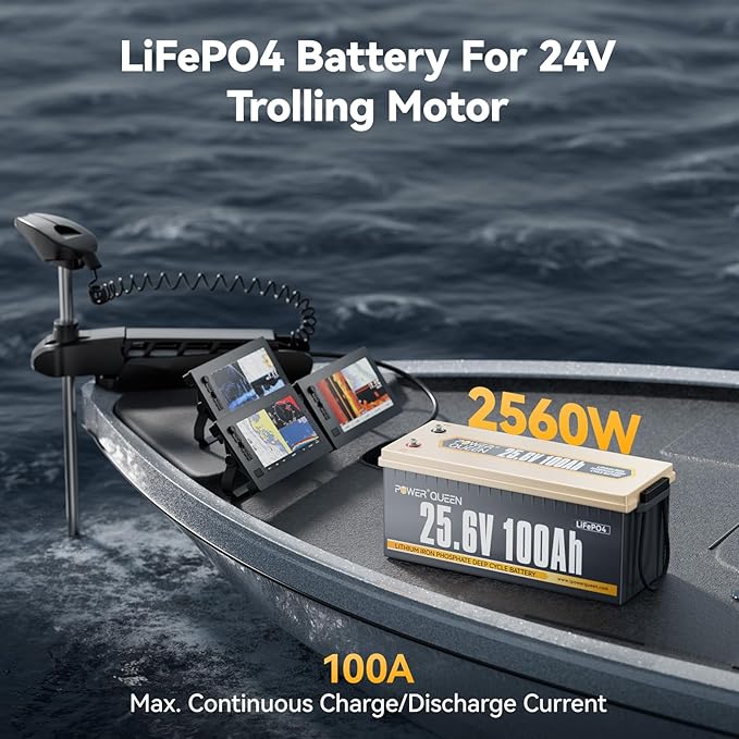 Power Queen 25.6V 100Ah LiFePO4 Battery, Built-in 100A BMS, 4000 to 15000 Cycles, 2.56kW Max Load Power, 2.56kWh Deep Cycle Battery For Home & Off-Grid Solar Power System, RV, Marine