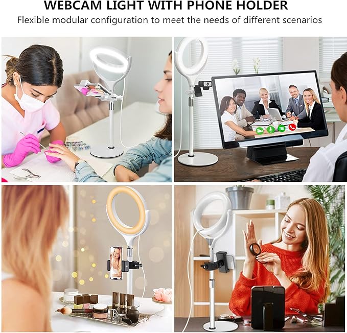 8 inch Desk Ring Light with Stand, Adjustable Computer Circle Light for Video Conference Lighting, Zoom Calls, Virtual Meeting, Video Recording, Selfie Light with Phone Holder for Streaming, Podcast