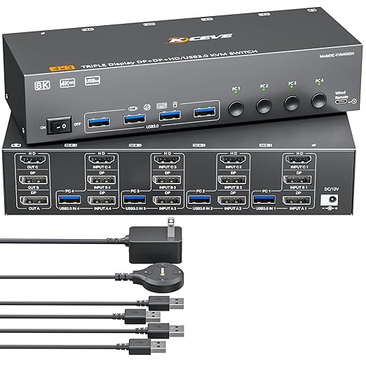 HDMI+2 Displayport KVM Switch 3 Monitors 4 Computers 8K@60Hz 4K@144Hz,4 Port KVM Switches Triple Monitor Share 3 Display and 4 USB3.0 Ports Support Extended/Mirror Mode.