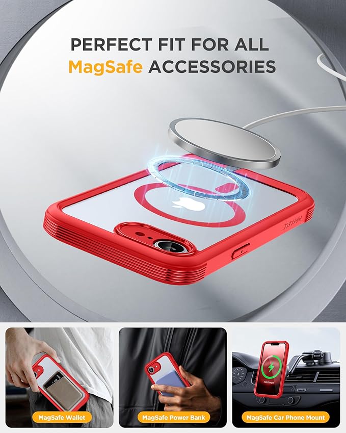 Miracase Magnetic for iPhone 16e Case Full-Body Phone with Built-in Glass Screen Protector, [Compatible with MagSafe] Military Drop Proof 16E Cover Bumper 6.1 inch, Red