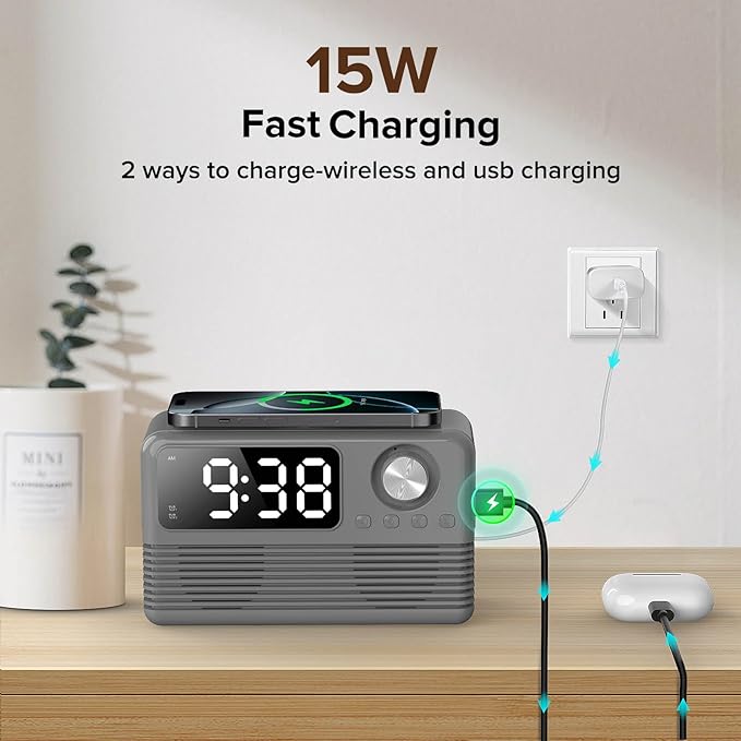15W Fast Wireless Charger with Bluetooth Speaker and Alarm Clock Radio,4 in1 Wireless Charging Station for iPhone,Android Phones with FM Radio for Bedroom