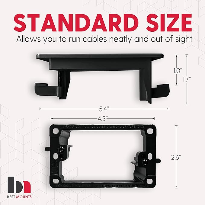 BestMounts - 1 Pack In Wall Cable Management Kit - Recessed Wall Plate Cable Pass Through Pair with Single Gang Low Voltage Mounting Bracket - TV Cord Hider for Wall Mounted TV ETL Listed