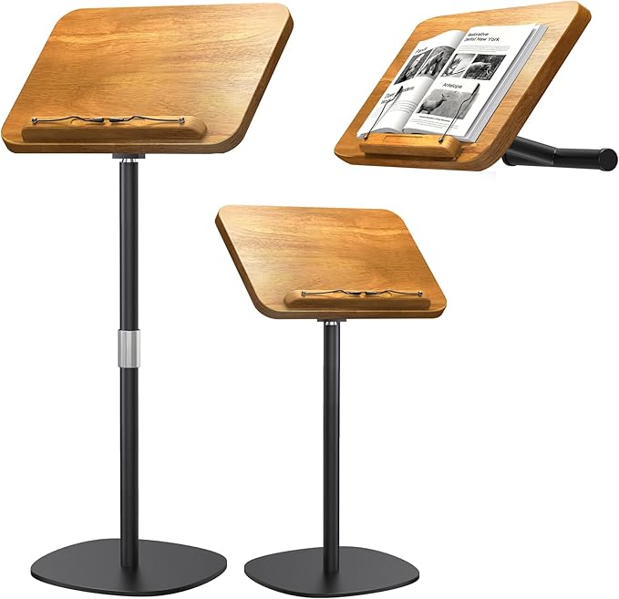 NAMON 2 in 1 Dual-use Music Stand & Desktop Book Stand, 100% Solid Wood, Height Adjustable from 16.5" to 51", with Page Paper Clip for Cookbooks, Sheet Music (with Large Panel: 16.5 * 11.8IN)