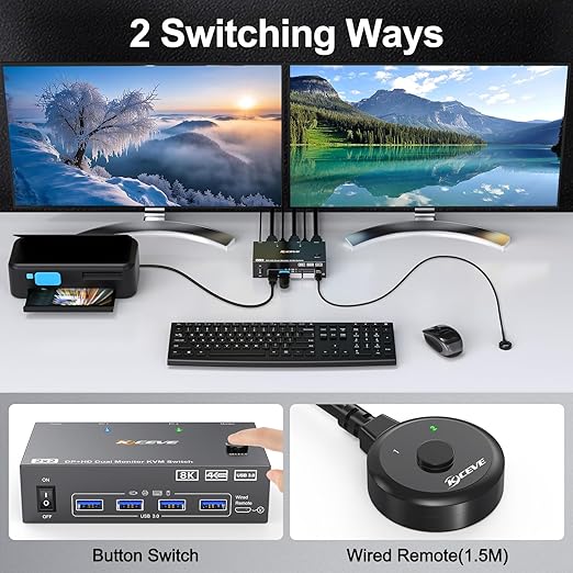 KVM Switch 2 Monitors 2 Computers 8K@60Hz/4K@144Hz, HDMI Displayport KVM Switches for 2 PC Sharing Dual Monitor and Keyboard Mouse with Power Adapter, Wired Extend Controller and USB3.0 Cables