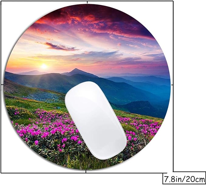 Nature Purple Flowers Meadow Mountain Scenic Mouse Pad Round Non-Slip Rubber Mousepad Laptop Office Computer Decor Cute Desk Accessories Customized Design Mouse Pad