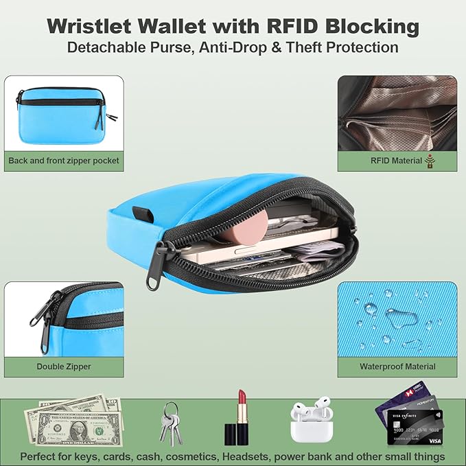 Clip and Go Strap for Phone with Wallet Crossbody, Adjustable Phone Lanyard with Detachable RFID Wristlet Wallet & Ultra-Thin 360° Rotatable Metal Tabs for All Smartphones (Blue)