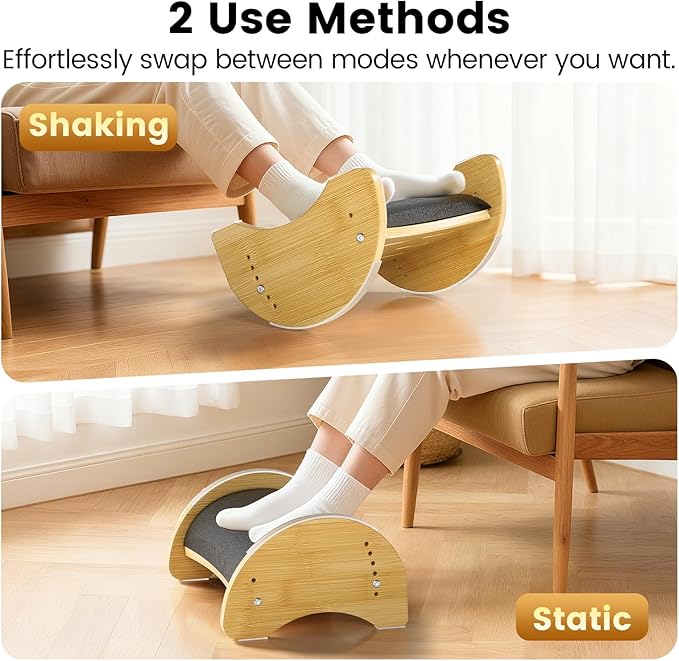 Bamboo Foot Rest for Under Desk at Work, Reversible Ergonomic Rocking Office Foot Rest, 6 Heights Adjustable & Non-Slip Mats with Foam Cushion, Under Desk Footrest for Home Office