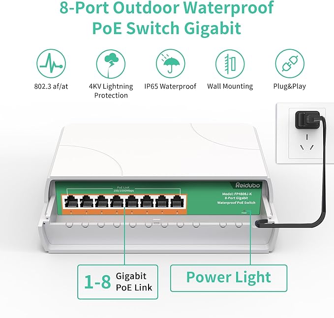 8 Port Gigabit PoE Switch Waterproof, 1000 Mbps 8 PoE+ Ports 120W, IEEE802.3af/at Power Over Ethernet Unmanaged Outdoor Network Switch, Plug & Play