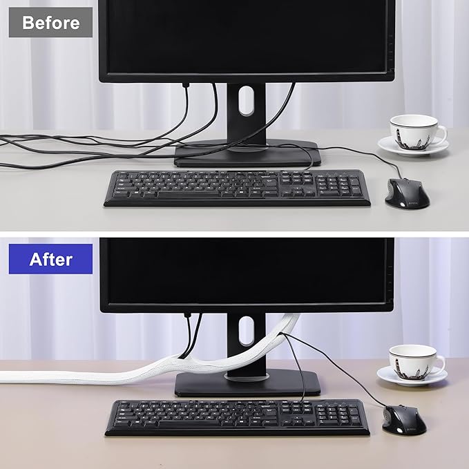 Cable Management Sleeves 1in - 2 Pack 6.6ft Split Braided Cable Sleeve White, Cord Protectors from Pets, Wire Organizers for Cords, Flexible Cord Wrap Wire Sleeve for Computer Cord Organizer