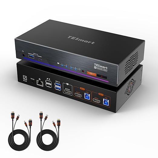 TESmart 8K@60Hz HDMI KVM Switch 2 Computers 1 Monitor, USB 3.0 HDMI KVM Switch 2 Ports 4K@144Hz, Support EDID, Gigabit Network, Hotkey Switch, Audio & Mic with All Input Cables