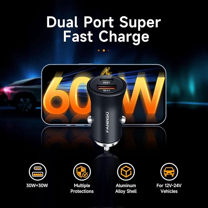 60W Car Charger USB C Fast Charge, Aluminum Dual Port Cigarette Lighter Adapter, Car Phone Charger for iPhone 16/15/14 Pro Max Plus, iPad, Samsung Galaxy S24/S23/S22 & More