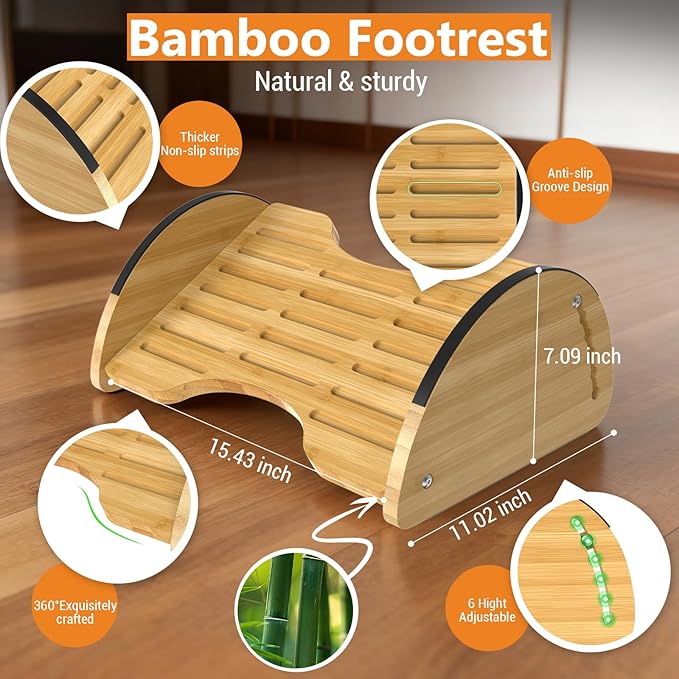 Bamboo Foot Rest for Under Desk at Work - Reversible Rocking Desk Footrest 2-in-1 with 6 Adjustable Heights, Ergonomic Foot Rest Under Desk with Anti-Slip Surface for Home, Office and Gaming