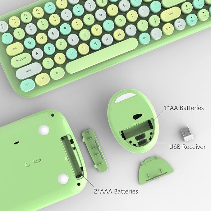 KNOWSQT Wireless Keyboard and Mouse Combo, Light Green 100 Keys 2.4 GHz Round Keycap Typewriter Cute Keyboards, USB Receiver Plug and Play, for Windows, PC, Laptop, Computer, Desktop