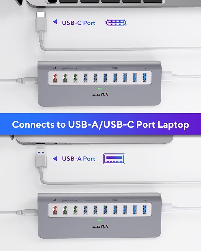 Powered USB Hub 10Gbps, 10 Ports USB 3.1 Gen 2 Hub Power Multiport USB Splitter USB Extender (7 USB 3.1 Data Port and 3 Fast Charging Port) with 36W Power Adapter, for Desktop/USB-A&USB-C Laptop/PC