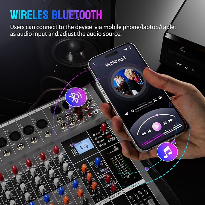 Professional DJ Audio Mixer, 12 Channel Audio Mixer, Bluetooth Sound Mixer, USB Interface, 12 XLR Mic/Line Input, AUX, FX Processor MP3, Headphone,+48V Phantom For Karaoke Studio Streaming Recording