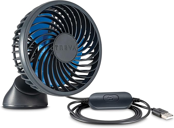 Treva 3.5 Inch USB Powered Fan with Suction Cup, 3 Speed Attachable Fan with Rotating Head for Car, Camping, Travel, Bedroom, Multi-Directional Rotating and Adjustable Head (Black)