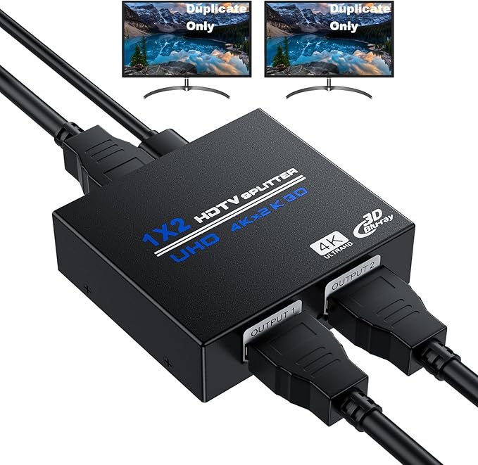 HDMI Splitter 1 in 2 Out 4K, 1x2 Powered HDMI Multi-Port Adapter for Dual Monitor, Support 4K UltraHD 3D HDR, Duplicate/Mirror Screens, Ideal for Xbox Ps5 Ps4 Ps3 Fire Stick Blu-Ray Player HDTV