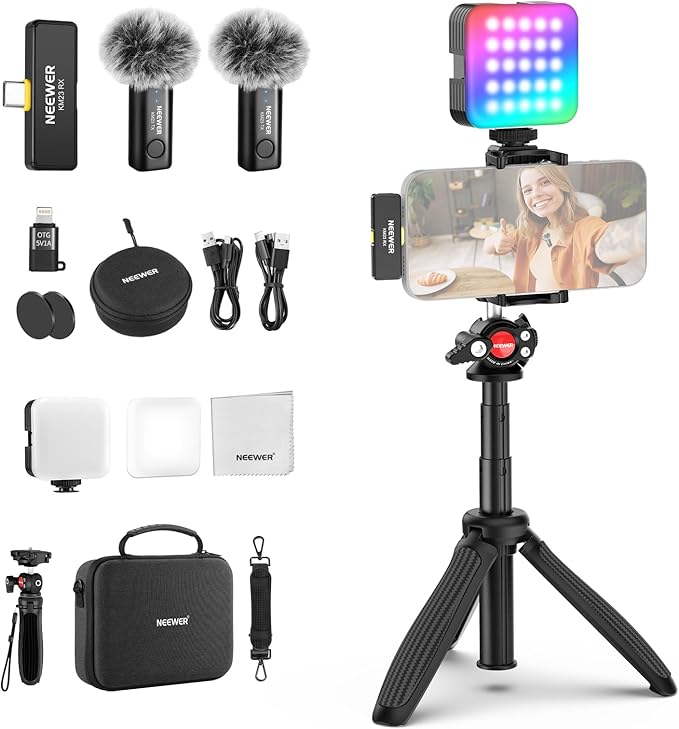 NEEWER PA048 Vlogging Kit for iPhone Android Podcast YouTube with RGB LED Light/KM23 Wireless Microphone System/Selfie Stick Phone Tripod/Cleaning Cloth, Content Creator Essentials
