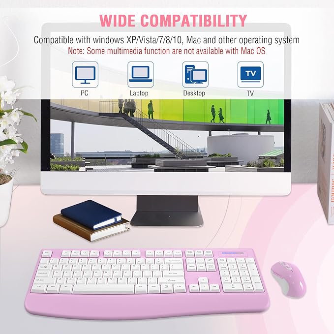 Wireless Keyboard and Mouse Combo, EDJO 2.4G Full-Sized Ergonomic Computer Keyboard with Wrist Rest and 3 Level DPI Adjustable Wireless Mouse for Windows, Mac OS Desktop/Laptop/PC(White Pink)