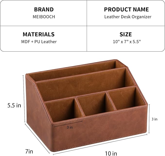 PU Leather Desk Organizer, Luxury Remote Control Holder for Home, Office Desk Accessories Table Caddy Bedside Nightstand Organizer (Brown)