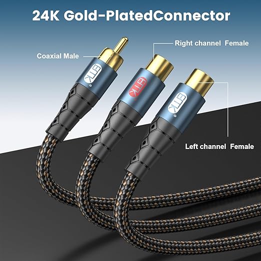 EMK RCA Splitter 1 Male to 2RCA Female Copper Shell Gold-Plated Y Adapter RCA Male to 2RCA Female Cable RCA Y Splitter Connectors Extension Cord 1ft/0.3m