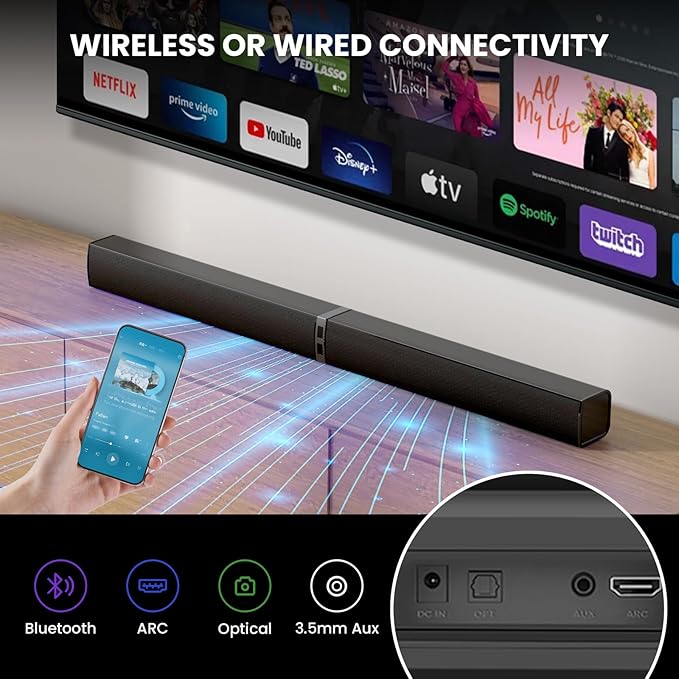 MZEIBO Sound Bar for Smart TV，80W Detachable Bluetooth Soundbar with Powerful Bass, 2-in-1 Home Theater Audio System, ARC/Optical/AUX Connectivity for TV/PC/Laptop/Game Console