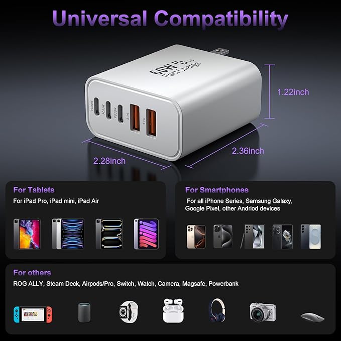 USB C Fast Wall Charger Block, 2Pack 60W USBC Charging Cubes, 5-Port PD+QC Power Adapter Multiport Brick Type C Box Plug for Phone 16/15/14/13/12/11/Pro Max/Plus, Pad Mini/Pro/S25/S24-White+Black