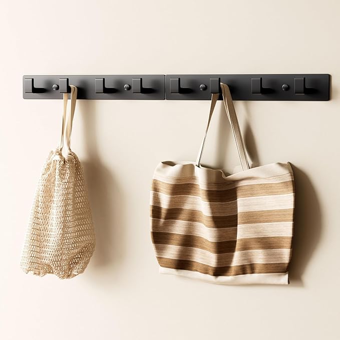 Black Wall Mounted Coat Rack- 2 Modular Rails (25'' Total), 8 Right-Angle Hooks, Modern Organizer for Entryway, Bathroom, Bedroom, Holds Coats, Towels, Hats