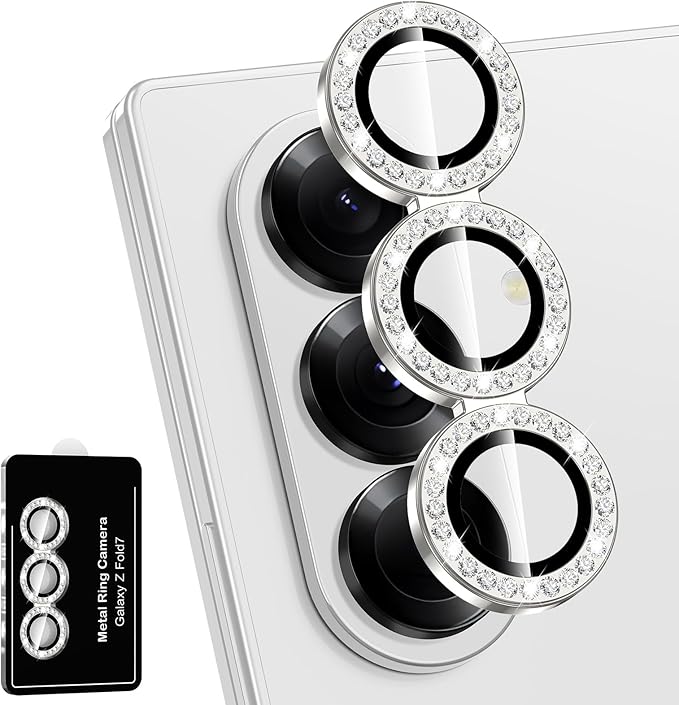 for Samsung Galaxy Z Fold 7 Camera Lens Protector, Individual Metal Ring Tempered Glass Lens Cover, [Strong Adsorption] Scratch Resistant Ultra-Thin HD Clear Lens Cover, 1 Set-Slivery Diamond