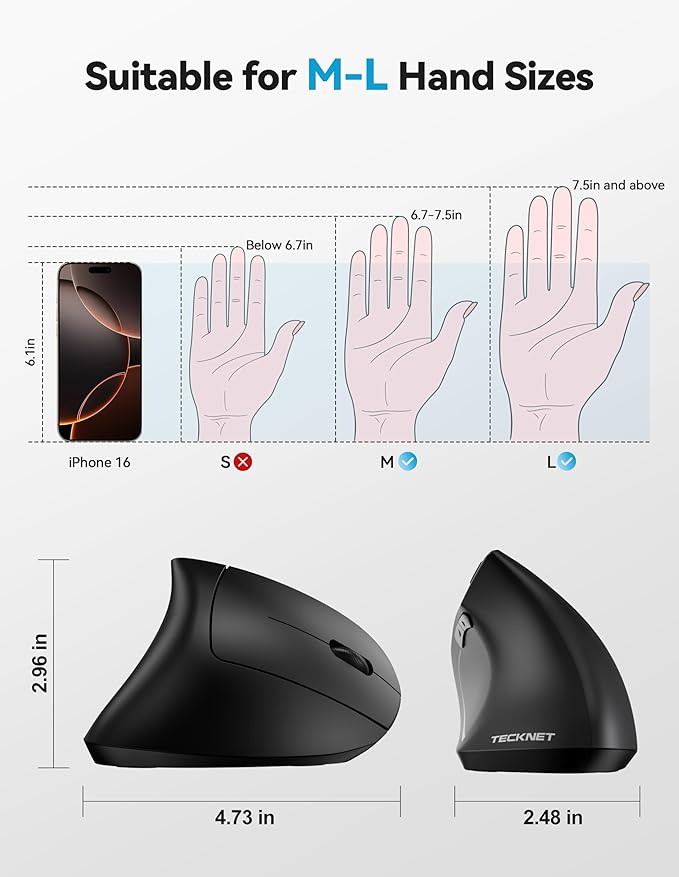 TECKNET Ergonomic Mouse, Rechargeable 2.4G+Bluetooth Vertical Mice 6 DPI Adjustable, Wireless Optical Carpal Tunnel Mouse for Right Hand, Silent 6 Buttons for Laptop, PC, MacBook, iPad - Black