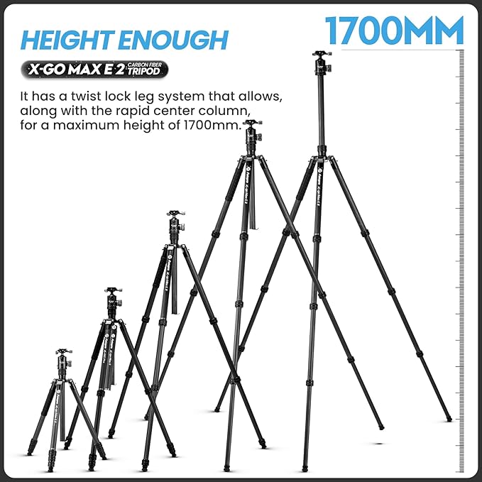 Fotopro 68" Carbon Fiber Travel Tripod, Heavy Duty Camera Tripod with Ball Head, Detachable Monopod with Quick Release Plate and Bag, Load up to 12KG/26lbs