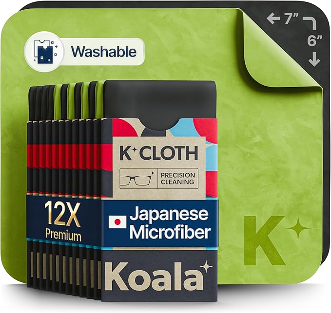 Koala Lens Cleaning Cloth | Japanese Microfiber | Glasses Cleaning Cloths | Eyeglass Lens Cleaner | Eyeglasses, Camera, VR/AR Headset, and Screen Cleaner | Black & Green (Pack of 12)