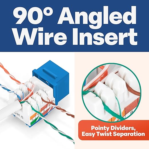 Everest 90° Angled RJ45 Cat6 Keystone Jacks 100-Pack in Blue - Slim Profile Female RJ45 Connectors - Cat 6 Keystone Jack - Compatible with 90° Angled Speed Termination Tool - easyJACK (B094WB91H3)