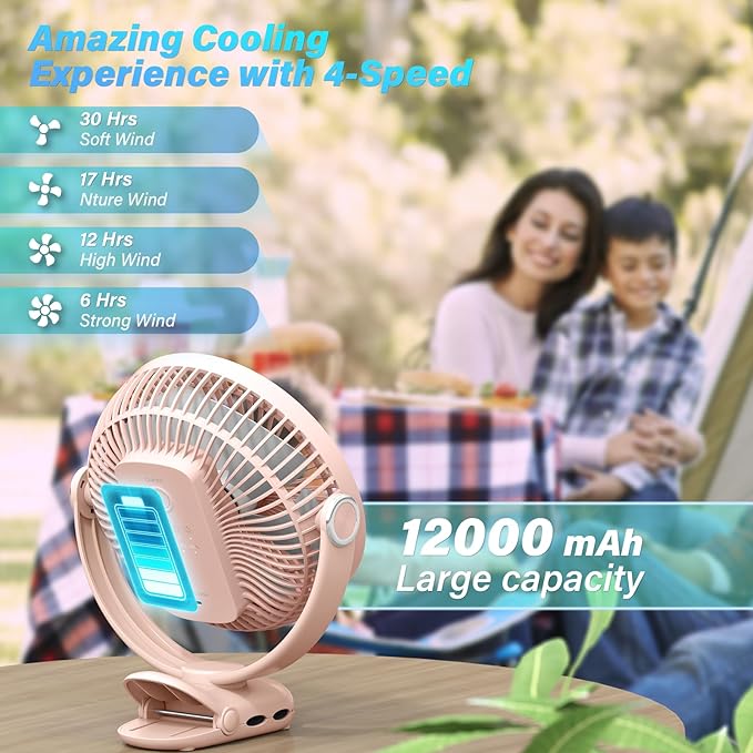 12000mAh Clip on Fan 30H Longest Runtime, 8in Portable Fan Rechargeable, Ultra Quiet with Heavy-Duty Clamp, USB Desk Fans for Golf Cart,Office Desk, Treadmill, Camping, Bedroom