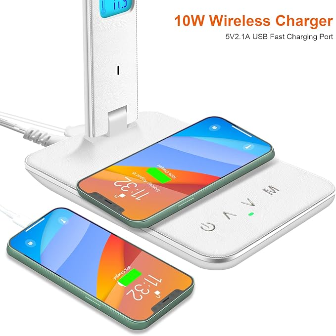 Desk Lamp with Wireless Charger，USB Charging Port, Dimmable Office Desk Light with Clock, Alarm, Date, Temperature, Foldable Lamp for Table Bedroom Bedside Office (White, Standard Size-13.3 inch)
