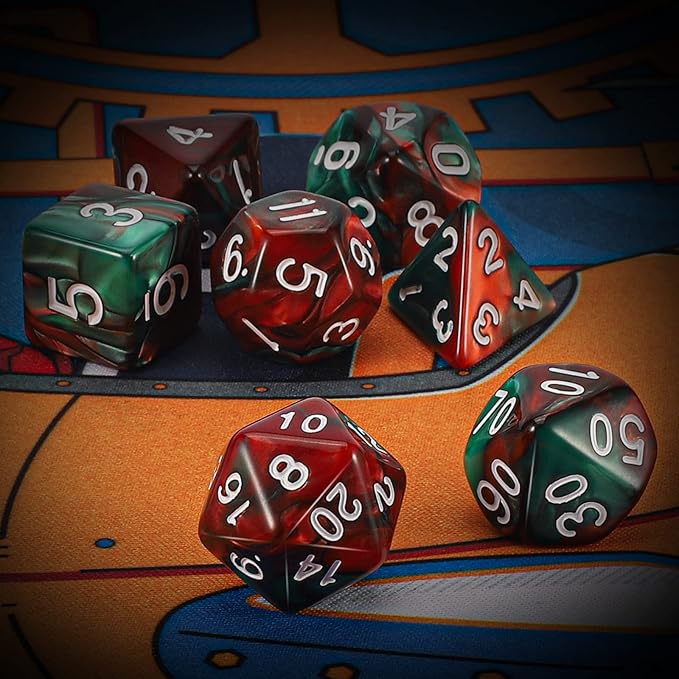 QMAY DND Dice Set - Polyhedral Dice (Red Mix Green) 7 Pcs for Dungeon and Dragons D&D RPG Role Playing Games Dice with Dice Bag