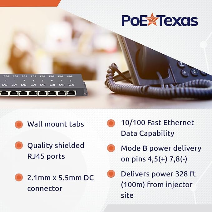 PoE Texas 8 Port Injector - 10/100 Passive Power Over Ethernet With 48V 60W UL Power Supply - 802.3af for VoIP Phones, WiFi Access Points, IP Cameras - Add to A Non-PoE Switch