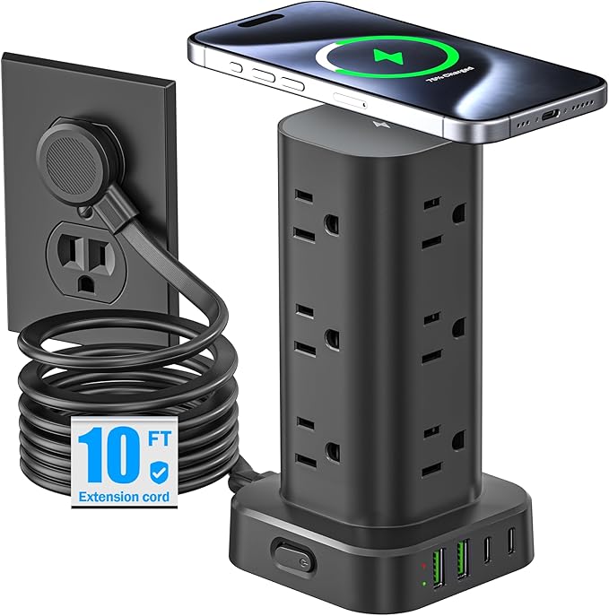 Tower Power Strip with 15W Wireless Charger, 10FT Flat Plug Extension Cord with Multiple Outlets, 12 AC Outlets, 4 USB Ports (2 USB C) Charging Station Surge Protector for Office Home Dorm Room(Black)