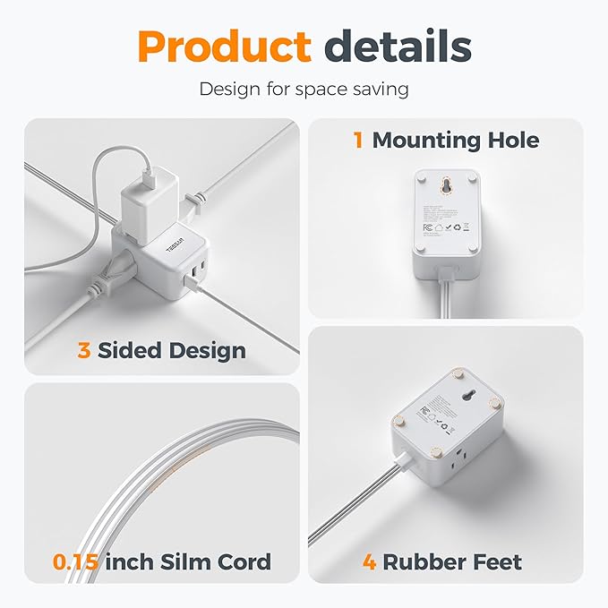 TESSAN Cruise Essentials, Flat Plug Power Strip, 5 Ft Extension Cord with 3 USB (1 USB C), 3 Outlets Small Charging Station, Non Surge Protector for Cruise Ship Travel, Dorm, Home Office, White