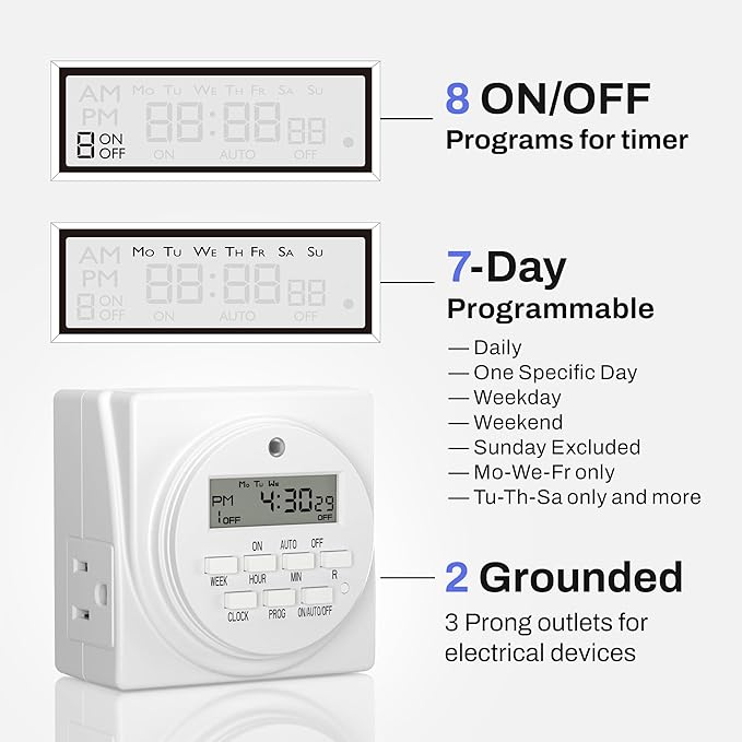 BN-LINK 7 Day Heavy Duty Digital Programmable Timer, 120V, 60Hz, Dual Outlet, Indoor, for Lamp Light Fan Security ETL Listed