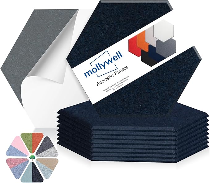 Mollywell Hexagon Acoustic Panels, High Density, Soundproofing, Decorative Noise Reduction Felt Wall Tiles for Ceilings, Home Office & Gaming Room (Deep Blue), 14x12x0.4 Inch
