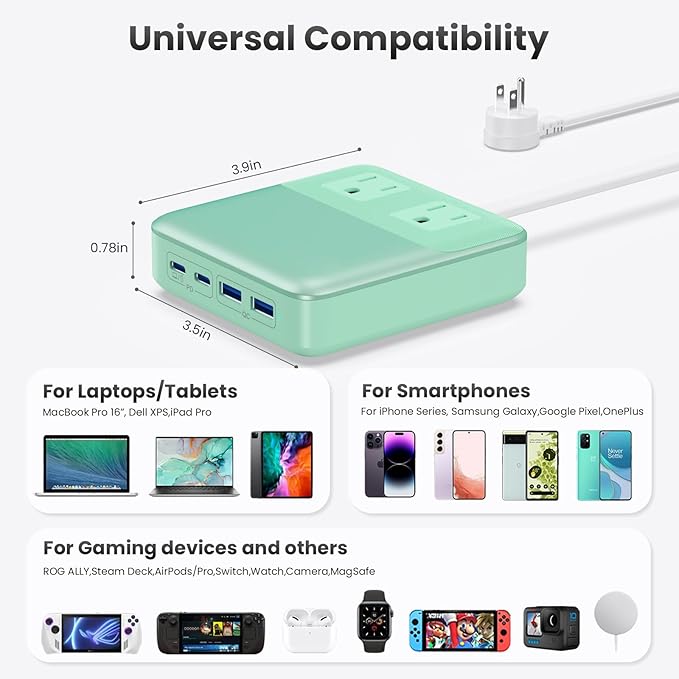 USB C Charger Block,135W GaN IV Fast Charging Station Hub,6-in-1 USB C Power Strip with Flat Plug and 5ft Cord,2 AC,2 USB A,2 USB C,PD 65W Laptop Charger for MacBook Air/Pro,iPhone16/15,Samsung-Green