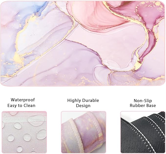Large Mouse Pad and Keyboard Wrist Rest, Desk Pad for Keyboard and Mouse, 4-in-1 Large Gaming Mouse Pad with Wrist Support, Non-Slip Desk Mat for Home Office Study Game-Pink Marble