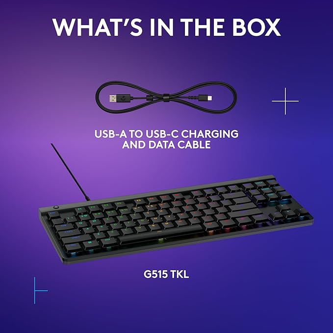 Logitech G515 TKL Wired Low Profile Gaming Keyboard, Fully Customizable RGB, Double-Shot PBT Keycaps, Tactile/Brown Switches - Black