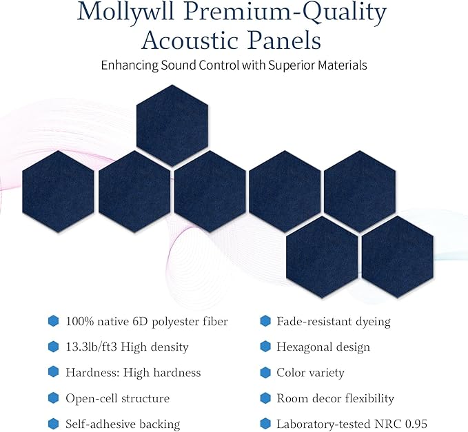 Mollywell Hexagon Acoustic Panels, High Density, Soundproofing, Decorative Noise Reduction Felt Wall Tiles for Ceilings, Home Office & Gaming Room (Deep Blue), 12x10x0.4 Inch