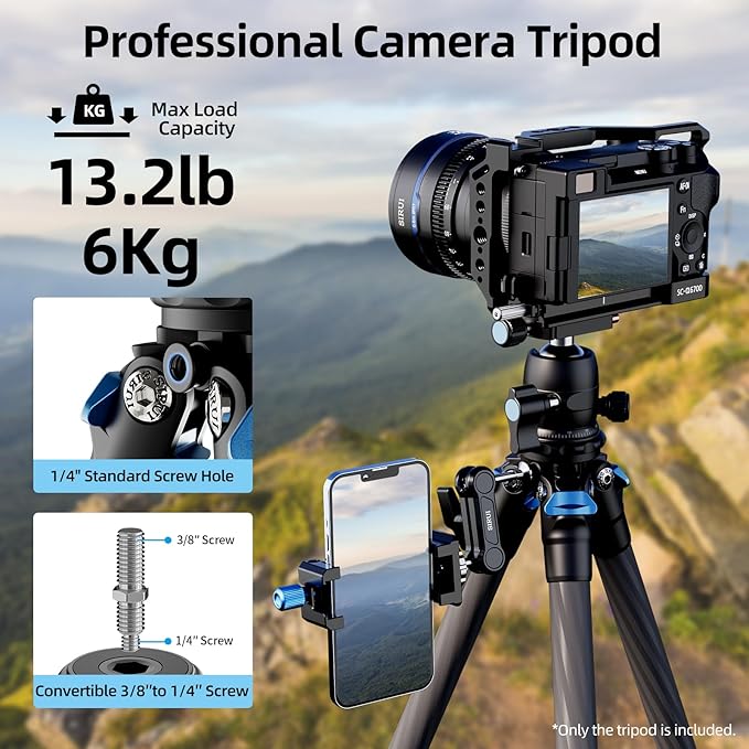 SIRUI Carbon Fiber Travel Tripod - Lightweight Only 0.93kg，Compact Tripod with 360° Panorama Ball Head Quick Release Plate, Max Height 50.2", Max Load 6kg for Camera, DSLR